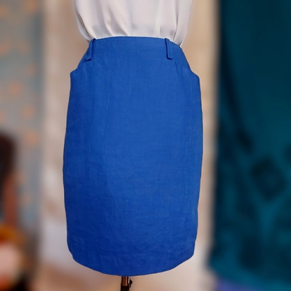 Vtg blue linen Linda Allard Ellen Tracy pencil skirt